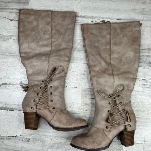 Torrid 9W Tan Tall Boots Stacked Block Heel Side Zip Wide Calf Burnished Vegan - Picture 2 of 16